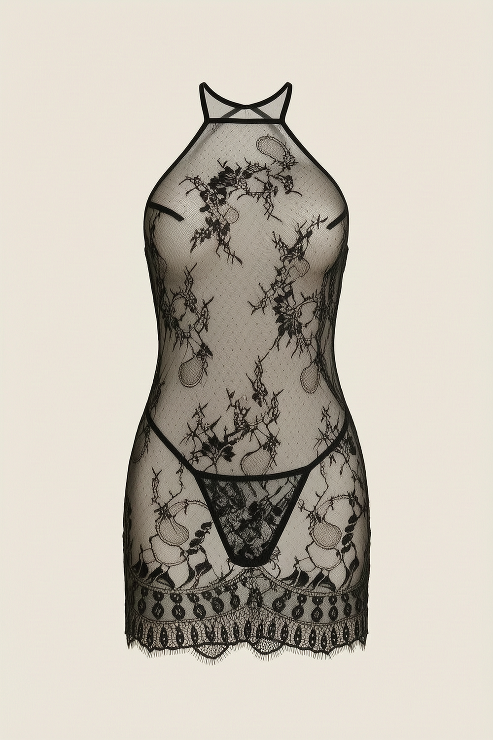 Black Embroidered Mesh Nightgown with Lace Hem