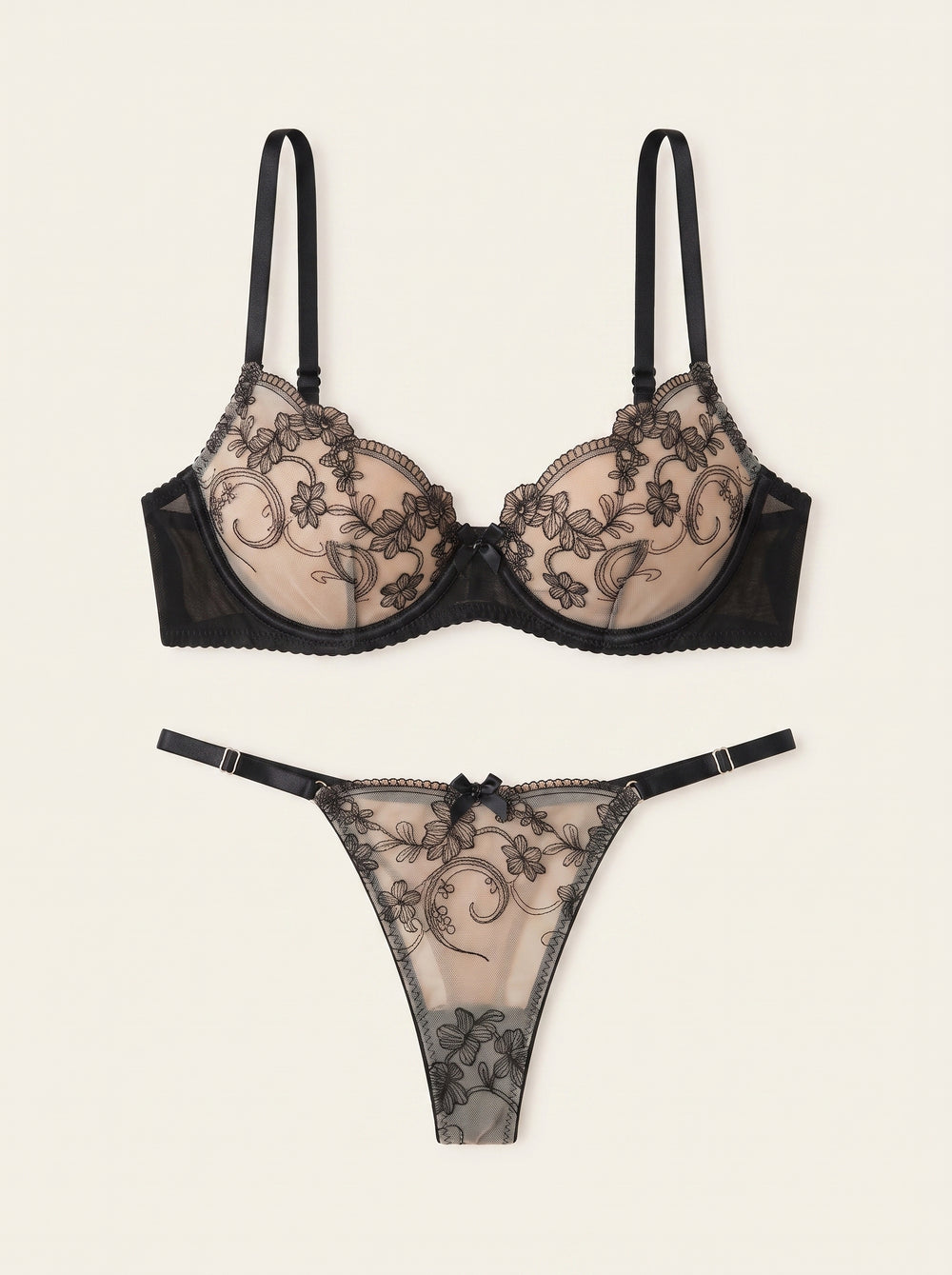 Conjunto de lencería de malla nude negra con bordado floral