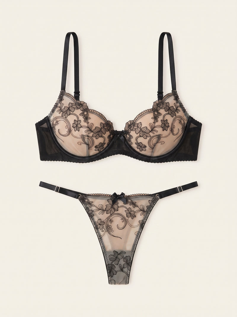 Black Embroidery Nude Mesh Lingerie Set with Floral Embroidery
