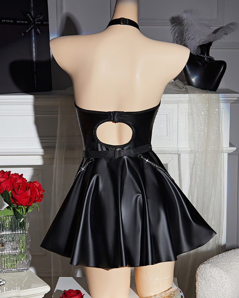 Black Faux Leather Halter Neck Dress with Buckles-Nightgown-Bellascena-bellascena