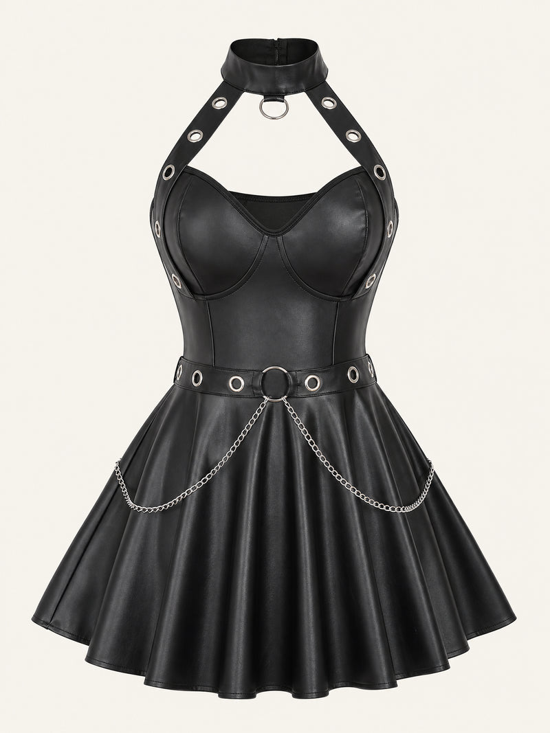 Black Faux Leather Halter Neck Dress with Buckles