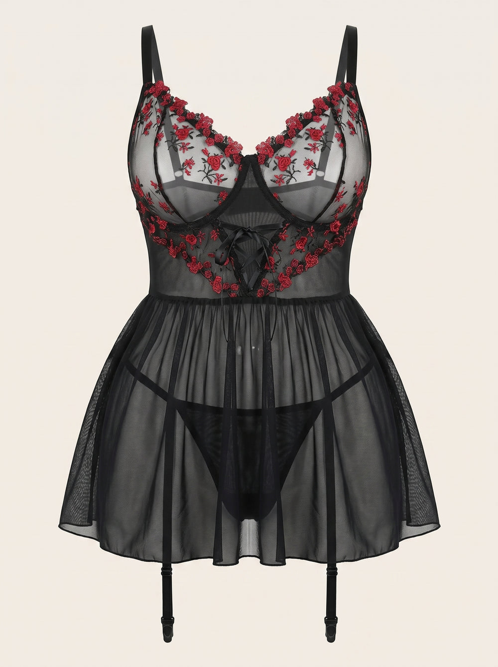 Black Floral Embroidered Lace Nightdress Set with Lace-Up Design
