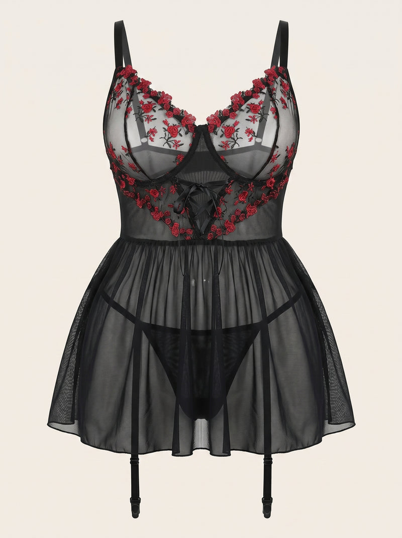 Set camicia da notte nera in pizzo ricamato floreale con design stringato