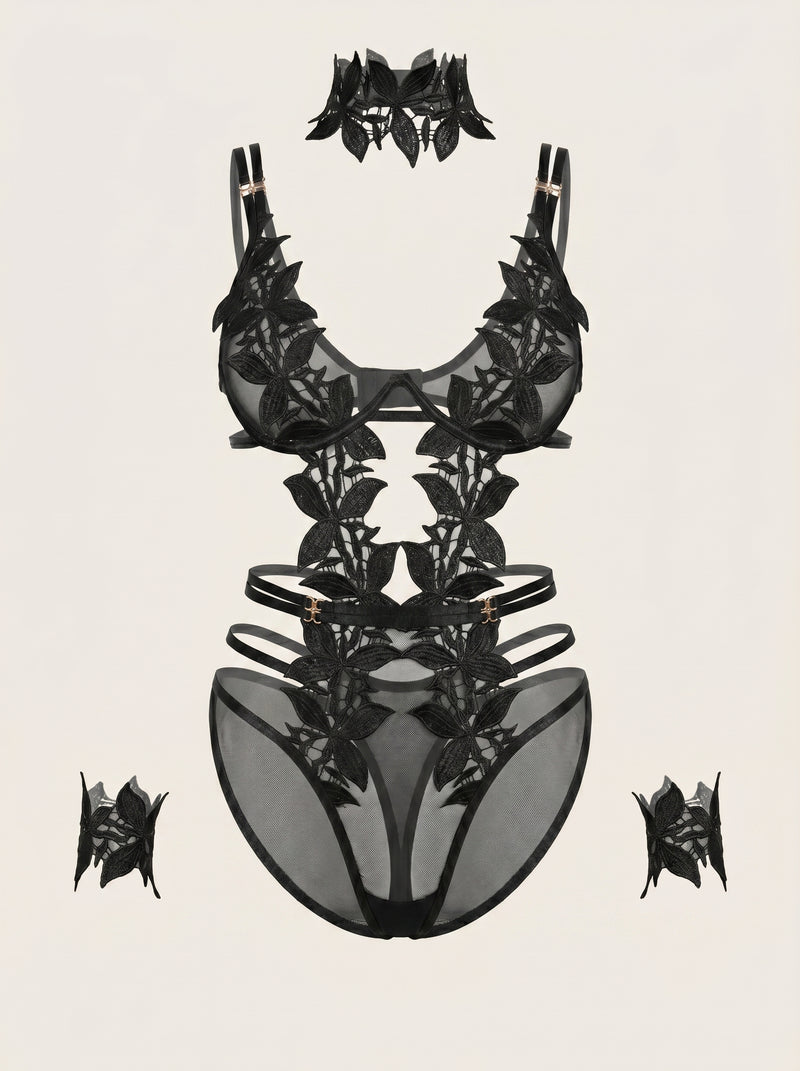 Black Floral Embroidered Mesh Bodysuit with Chain Detail