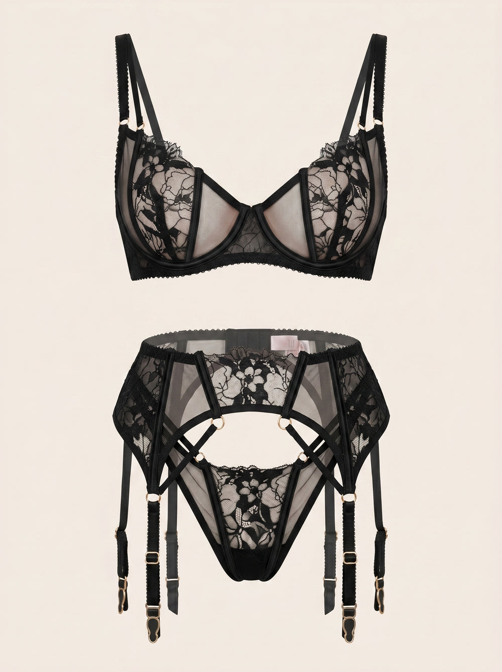 Schwarzes Mesh-Dessous-Set mit Blumenstickerei und Strumpfhaltern