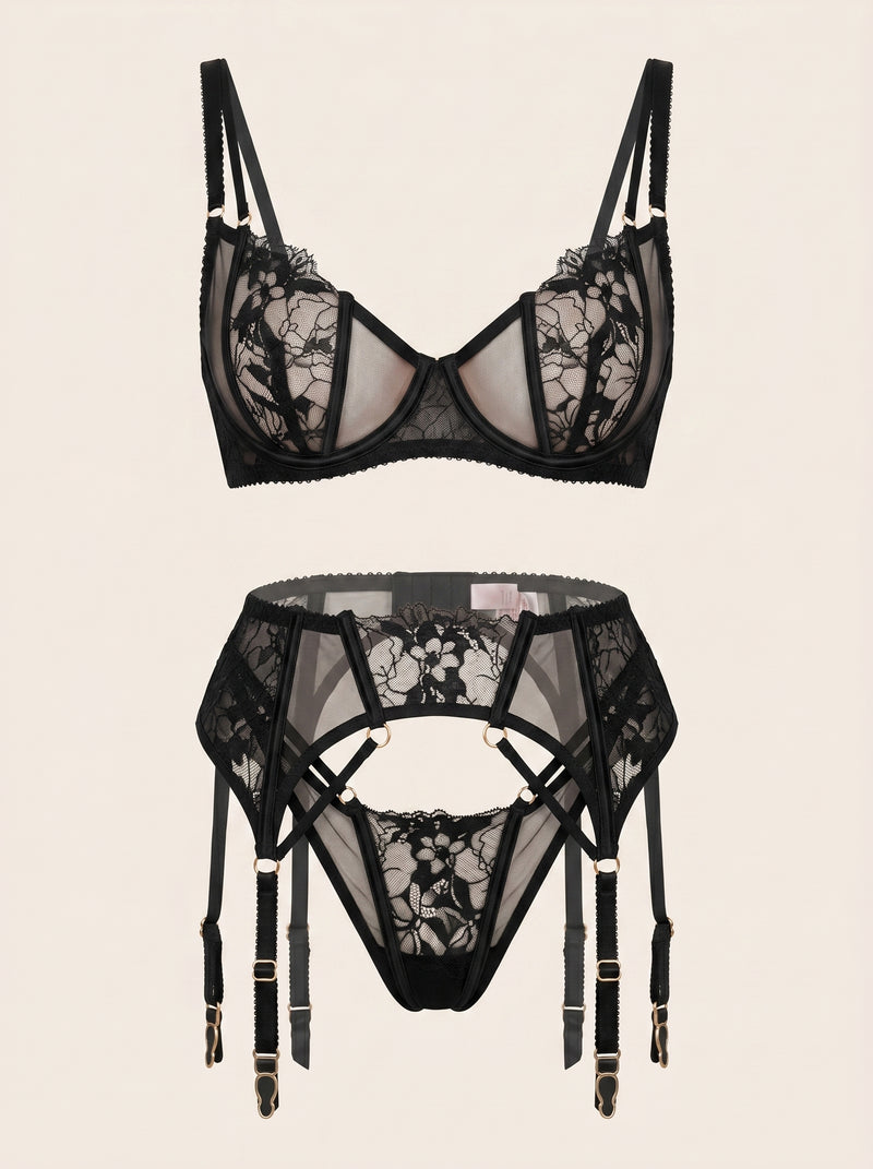 Zwarte geborduurde lingerieset van mesh met bloemen en jarretelbandjes