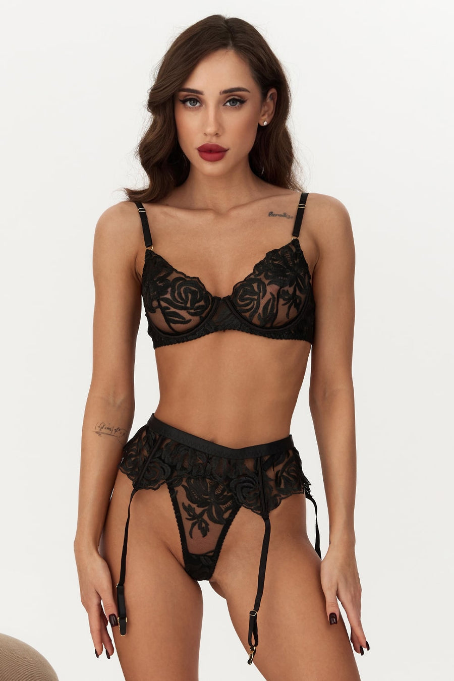 Black Floral Embroidery Lingerie Set with Garter Belt-Lingerie Set-Bellascena-bellascena