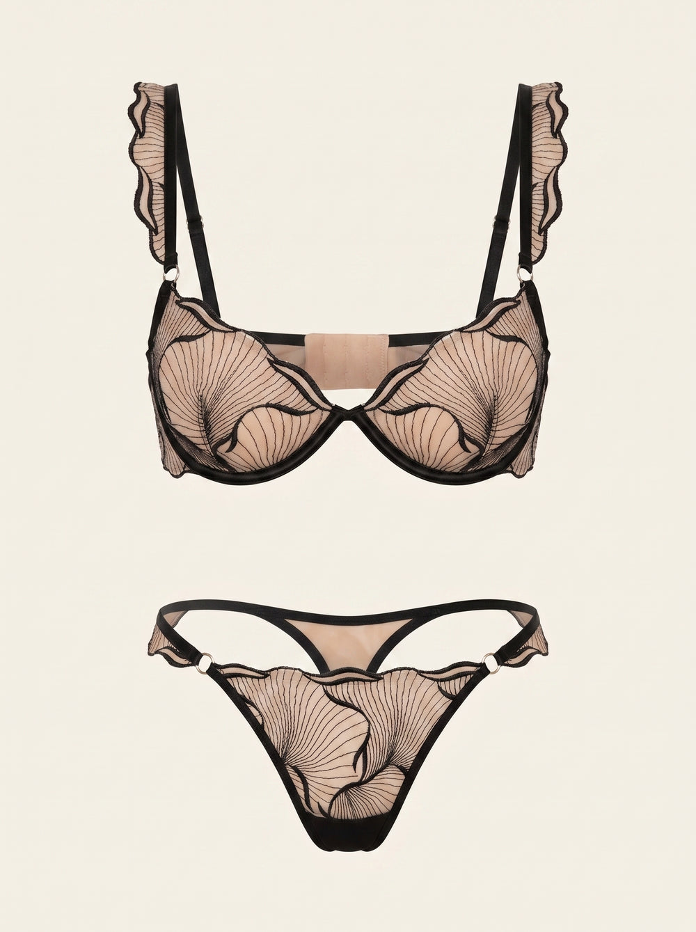 Schwarzes Mesh-Dessous-Set mit Blumenstickerei und Schleifen-Detail