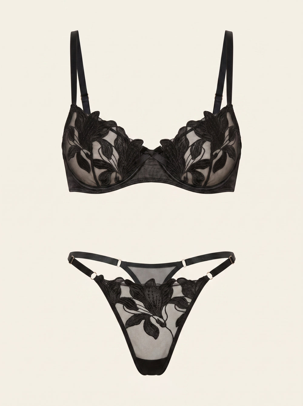 Schwarzes Mesh-Dessous-Set mit Blumenstickerei und Riemchen-Detail