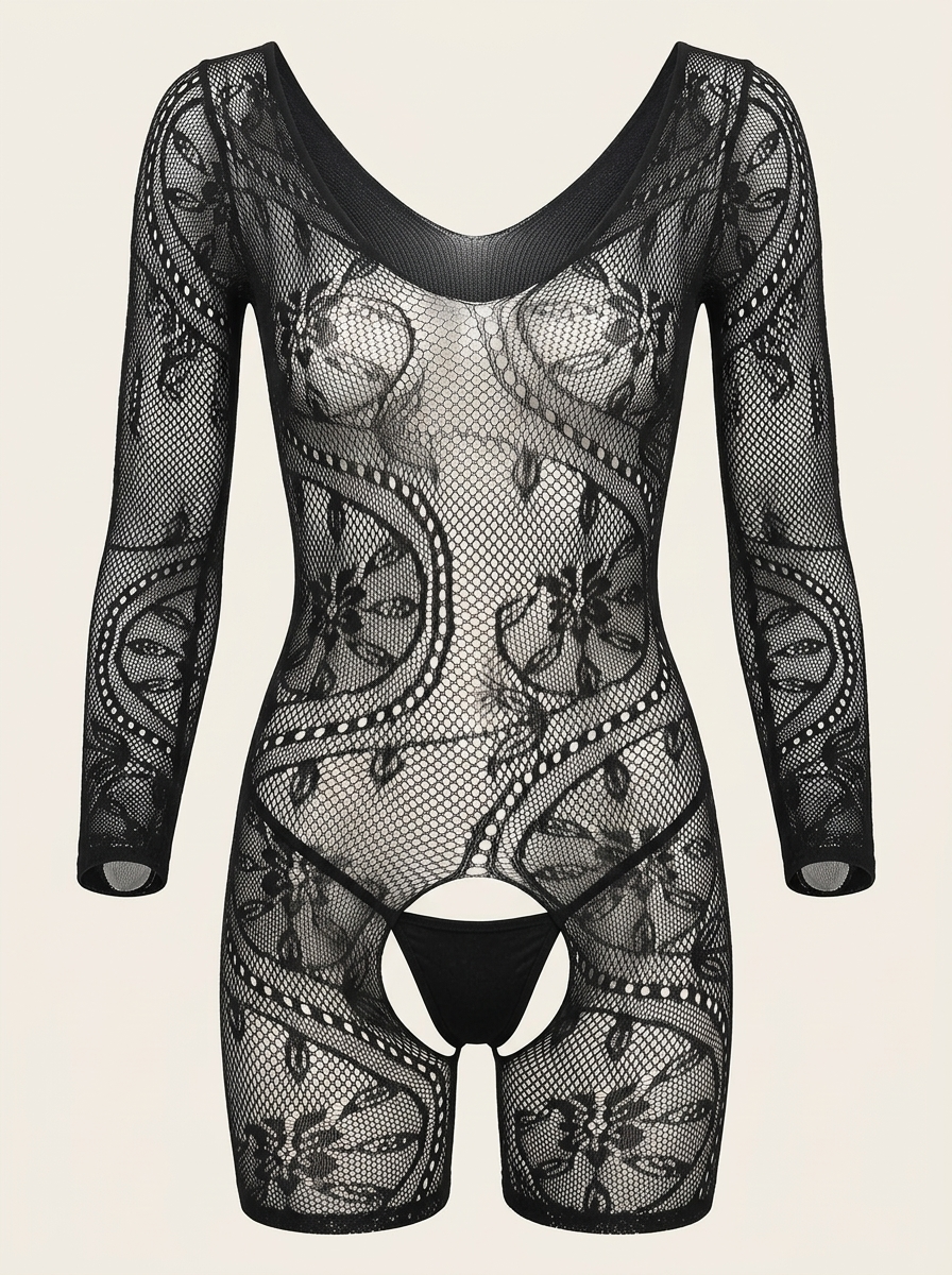 Black Floral Lace Bodysuit with Sheer Cutout Design