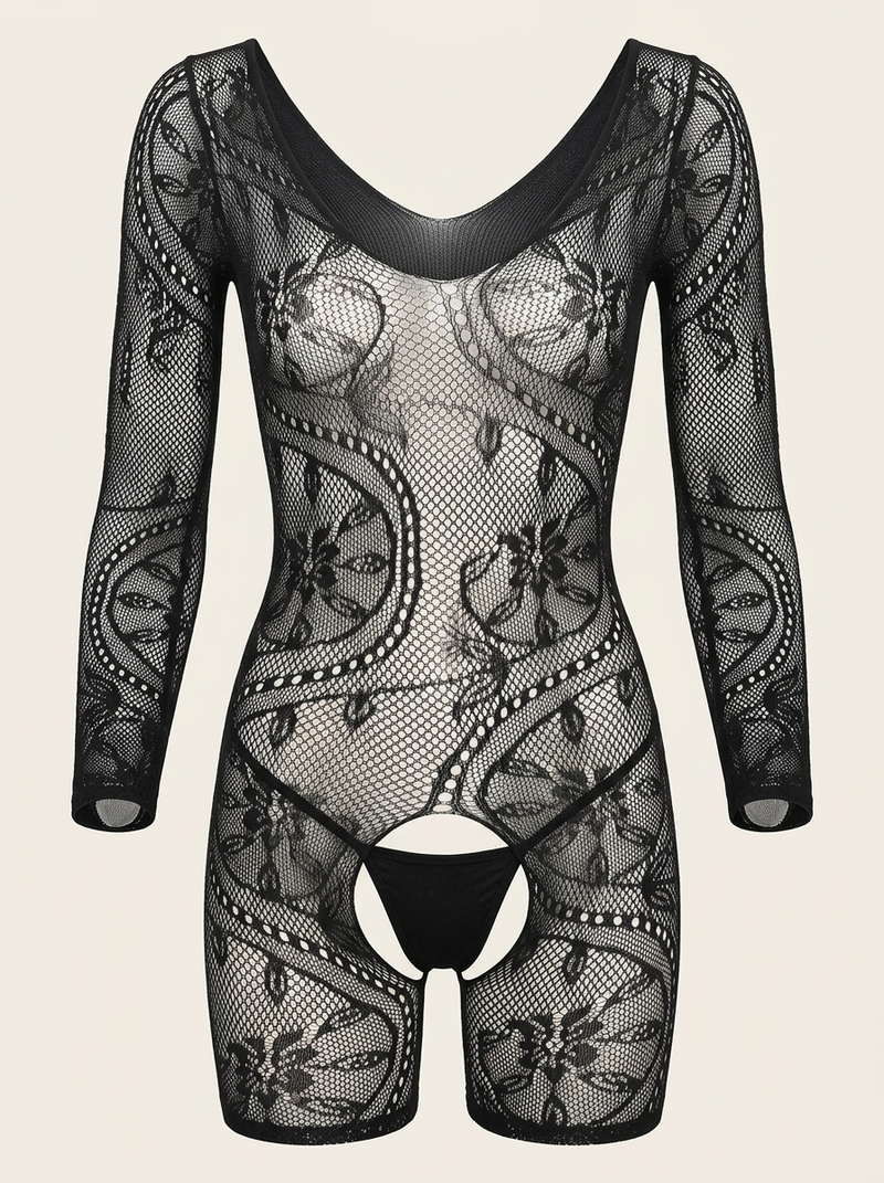 Zwarte bodysuit van bloemenkant met transparante uitsparingen