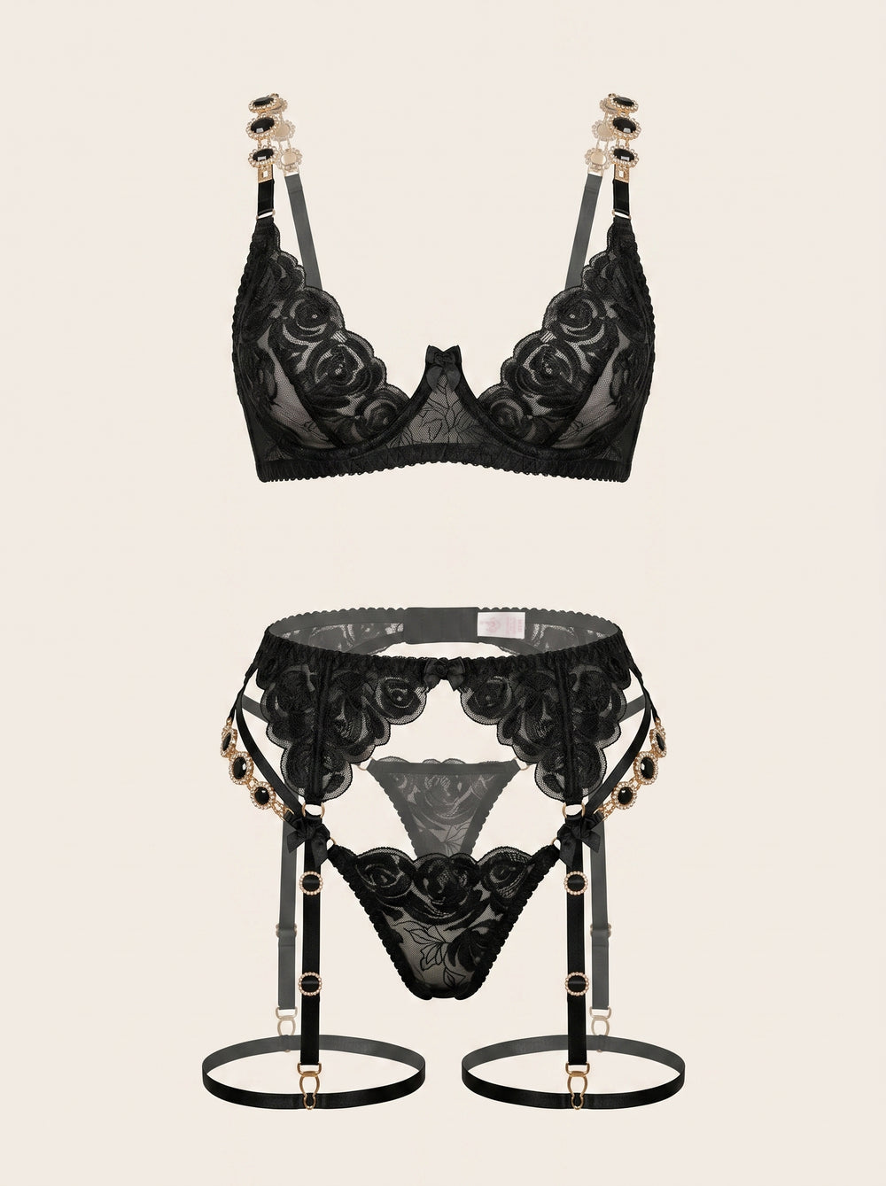 Schwarzes Spitzen-Dessous-Set mit Blumenmuster und Bogenkanten