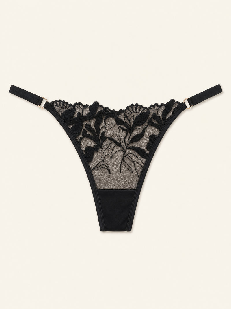 Zwarte kanten lingerieset met bloemenprint en elegante bandjes