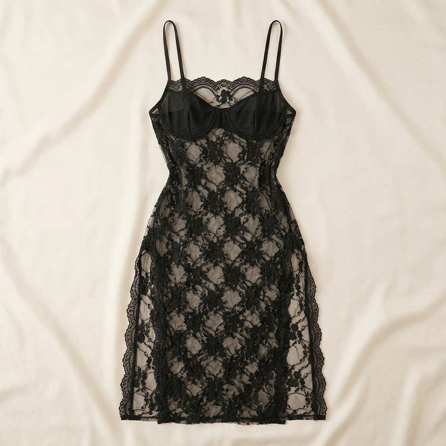 Black Floral Lace Nightgown with Sheer Elegance-Nightgown-Bellascena-bellascena