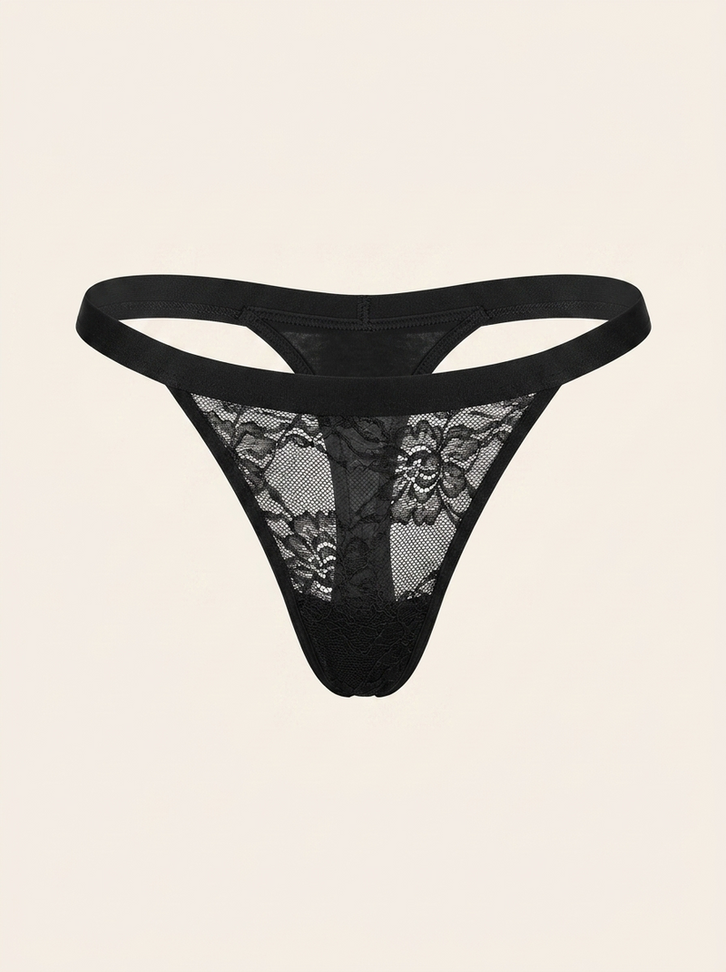 Black Floral Lace Panty with Pompom Detail