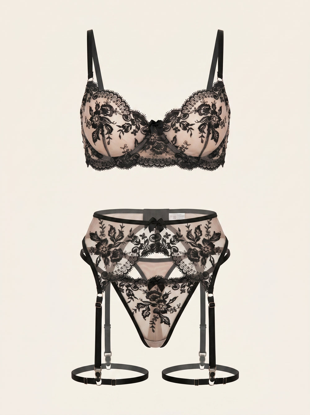 Schwarzes Mesh-Dessous-Set mit Blumenmuster und Bogenkanten