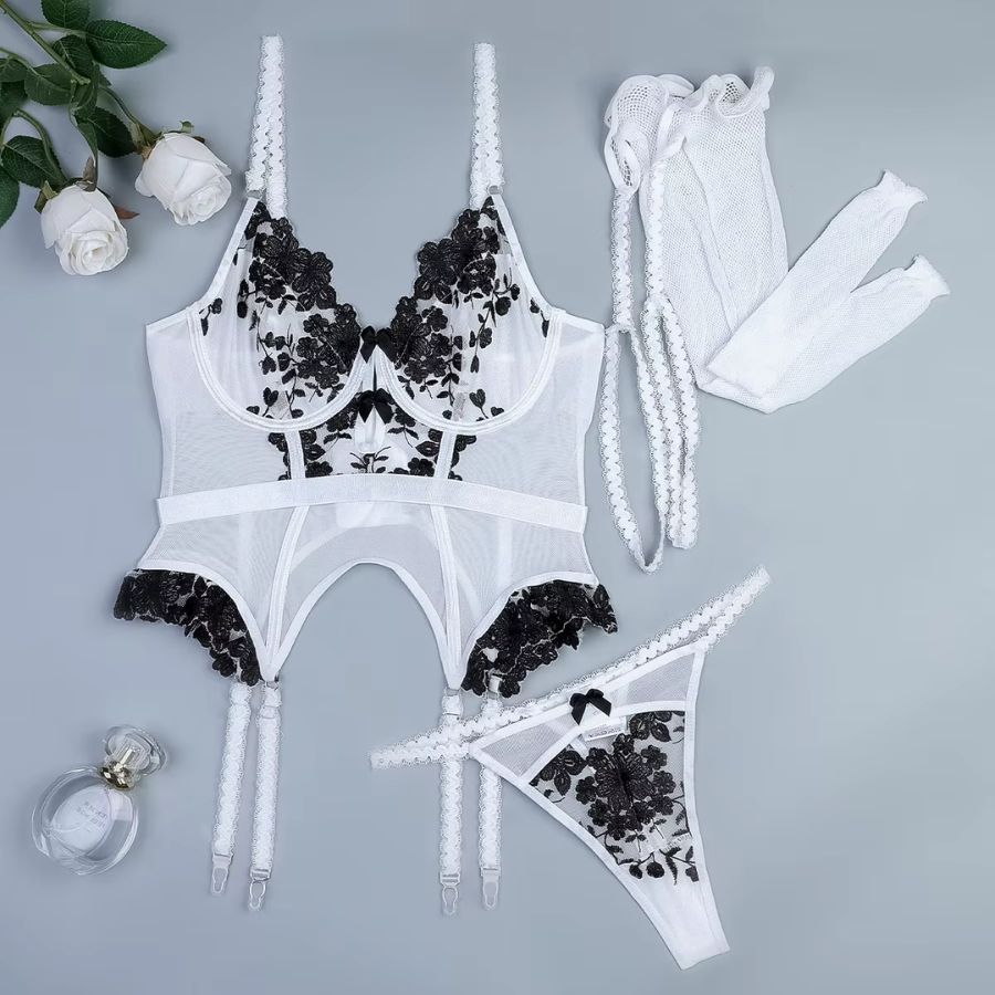 Black Floral Mesh Bodysuit with Sheer Strappy Design-Bodysuit-Bellascena-bellascena