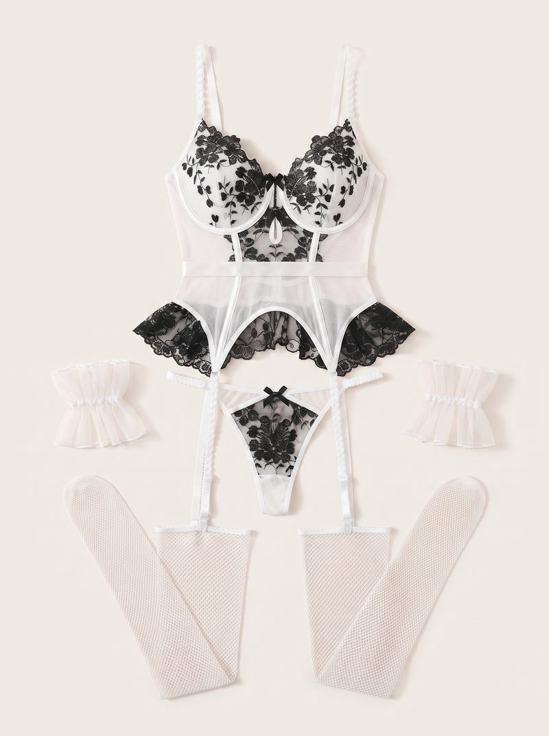 Black Floral Mesh Bodysuit with Sheer Strappy Design