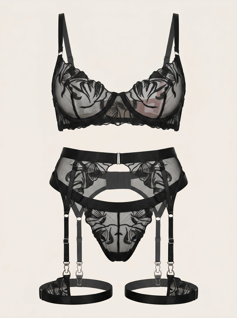 Set di lingerie in rete nera floreale con ricami floreali