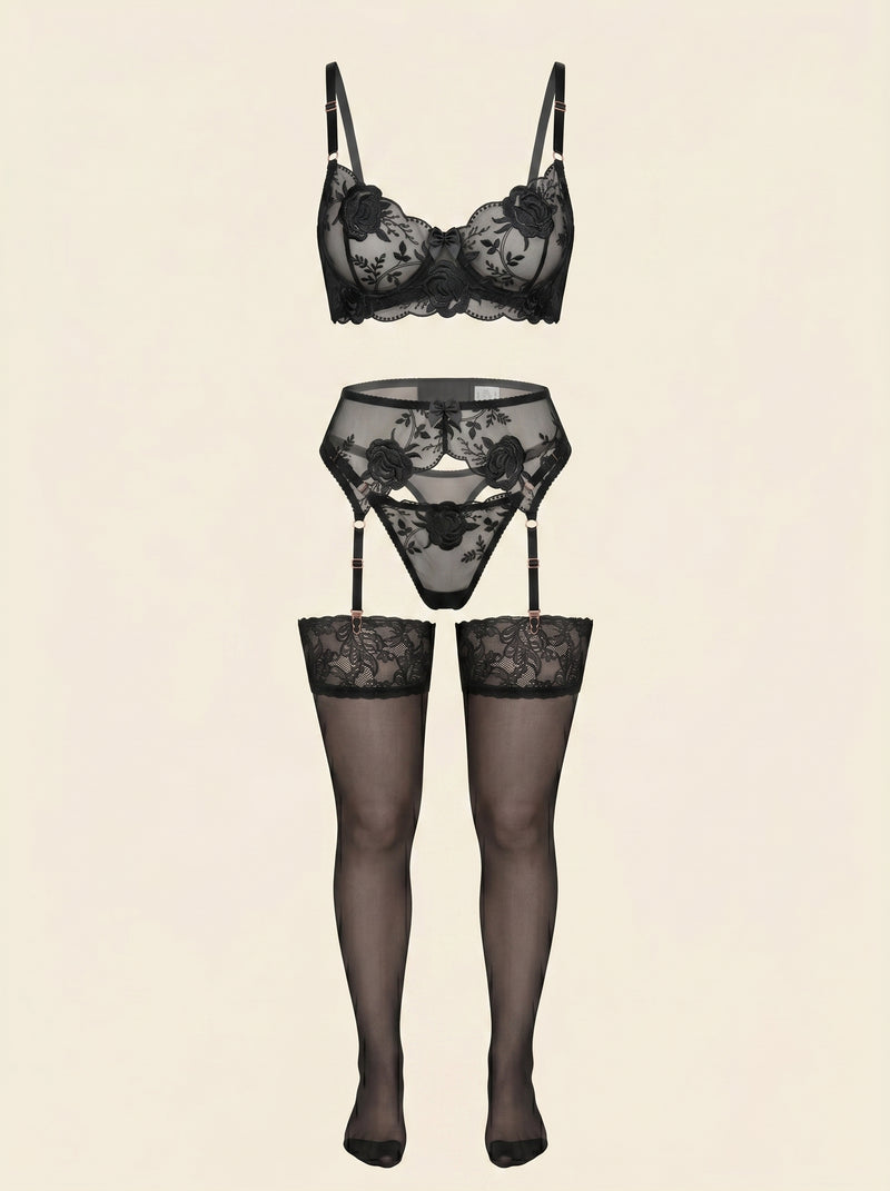 Set di lingerie in rete nera floreale con bordi smerlati