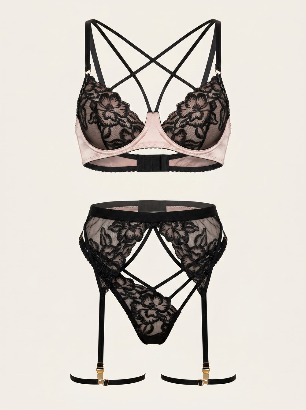Black Floral Mesh Lingerie Set with Strappy Cutout Design