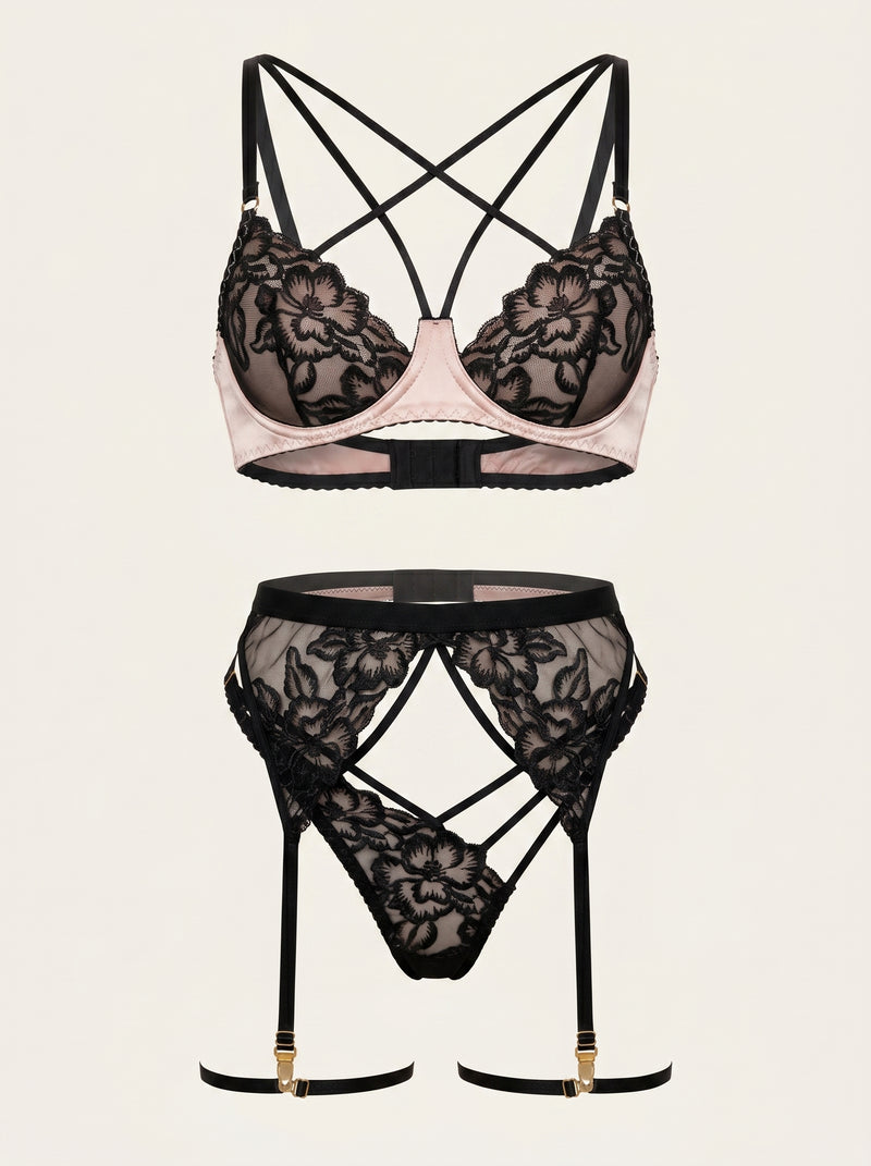Black Floral Mesh Lingerie Set with Strappy Cutout Design