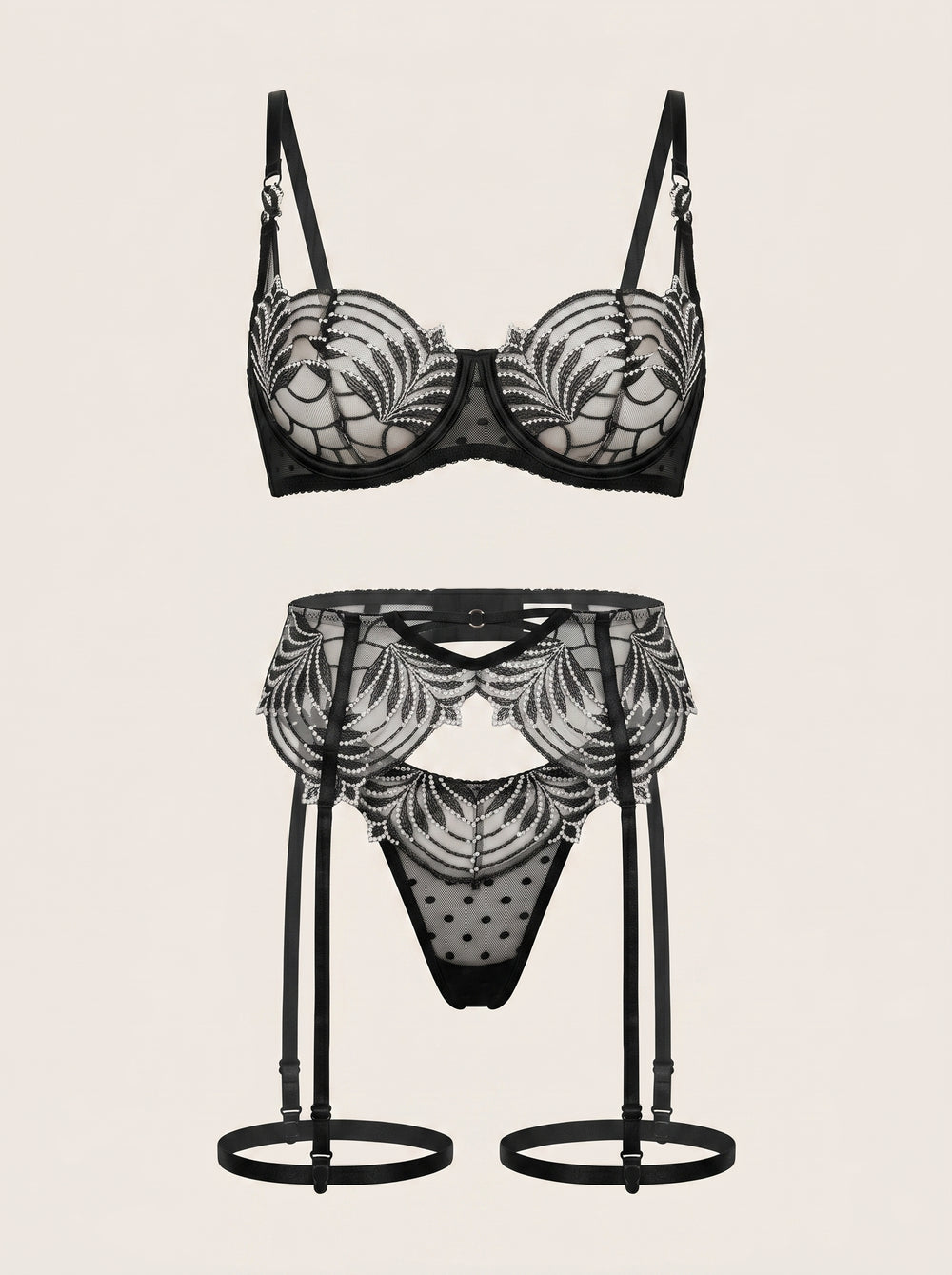 Schwarzes Mesh-Dessous-Set mit Blumenmuster und Riemchen-Detail
