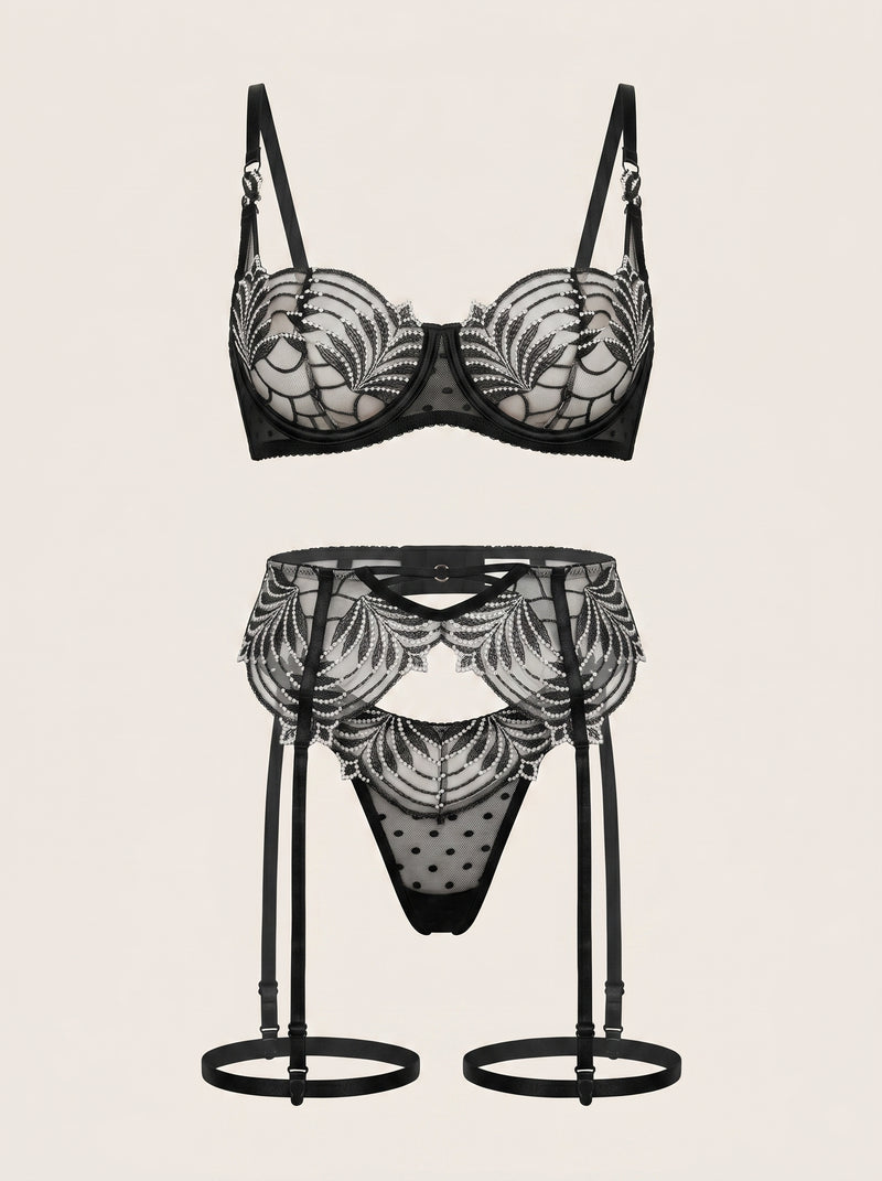Set di lingerie in rete nera floreale con dettaglio a strisce