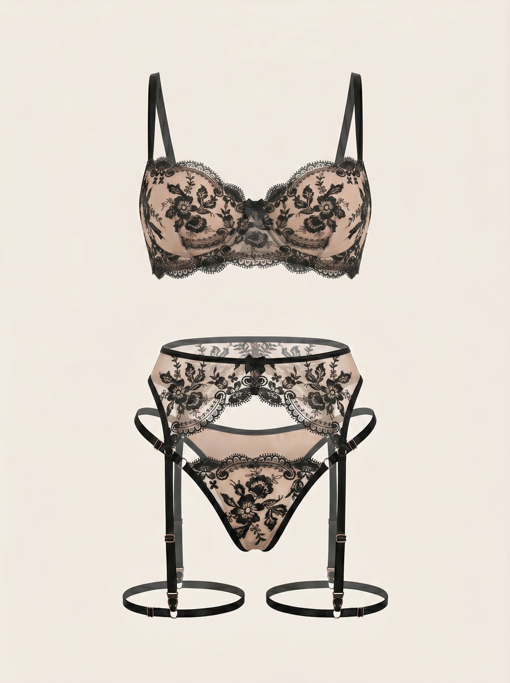 Black Floral Mesh Lingerie Set with Strappy Details
