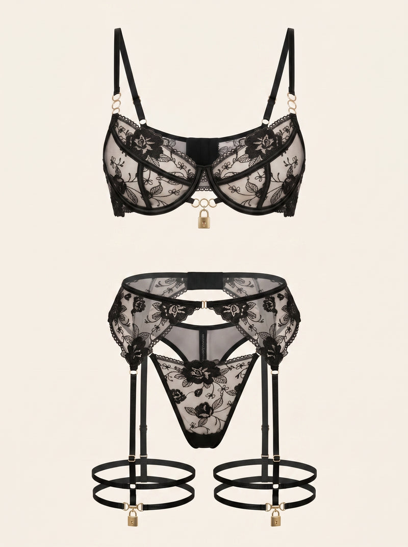 Set di lingerie in rete nera floreale con decorazioni a strisce