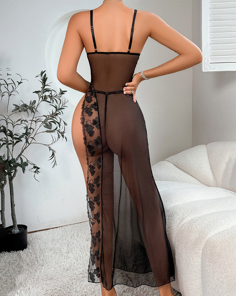 Black Floral Mesh Nightgown with Sheer Elegance-Nightgown-Bellascena-bellascena
