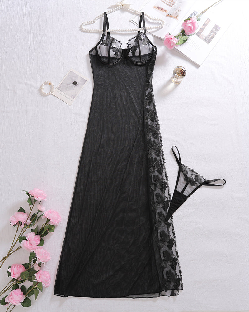 Black Floral Mesh Nightgown with Sheer Elegance-Nightgown-Bellascena-bellascena