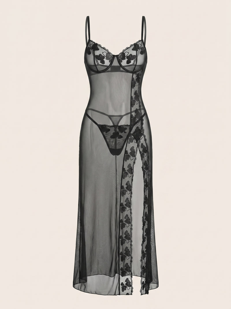 Black Floral Mesh Nightgown with Sheer Elegance