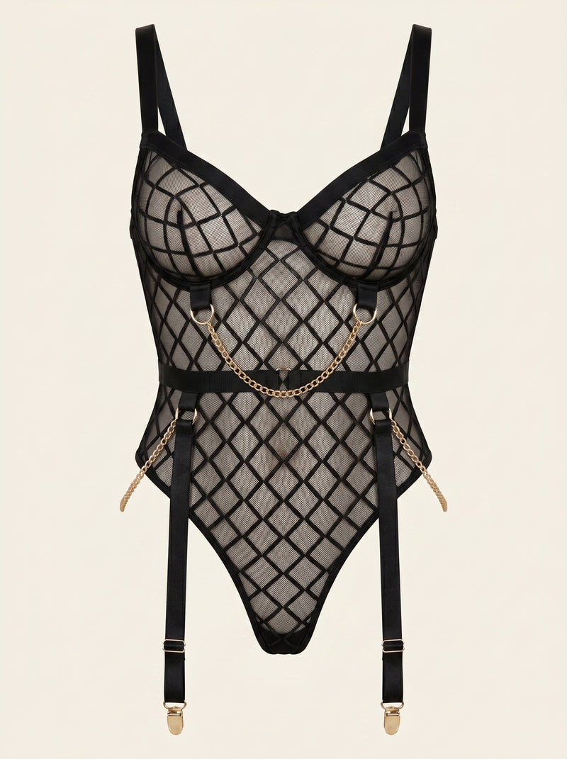 Black Geometric Mesh Bodysuit with Cutout Design