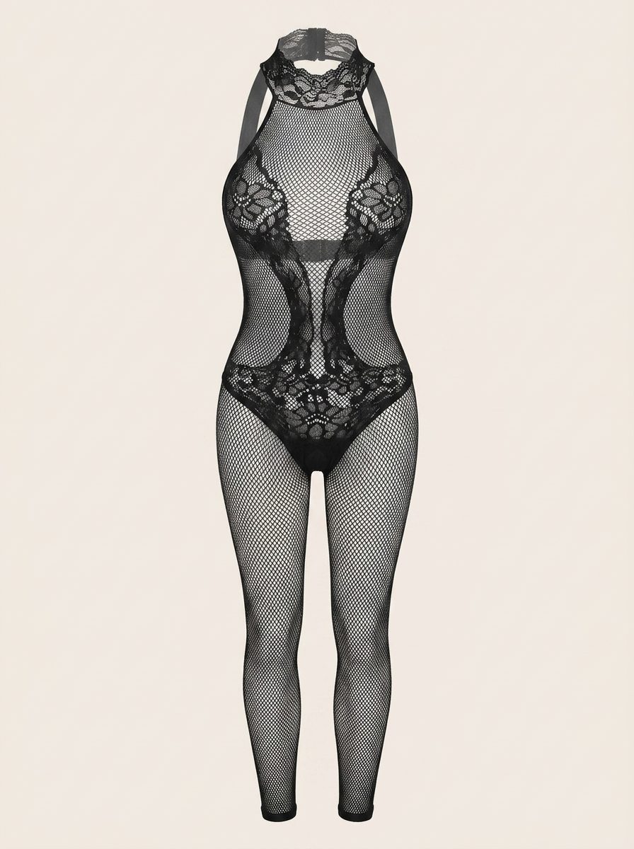Black Lace Bodystocking with Halter Neck and Open Back