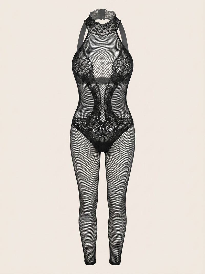 Bodystocking nero in pizzo con collo all’americana e schiena scoperta