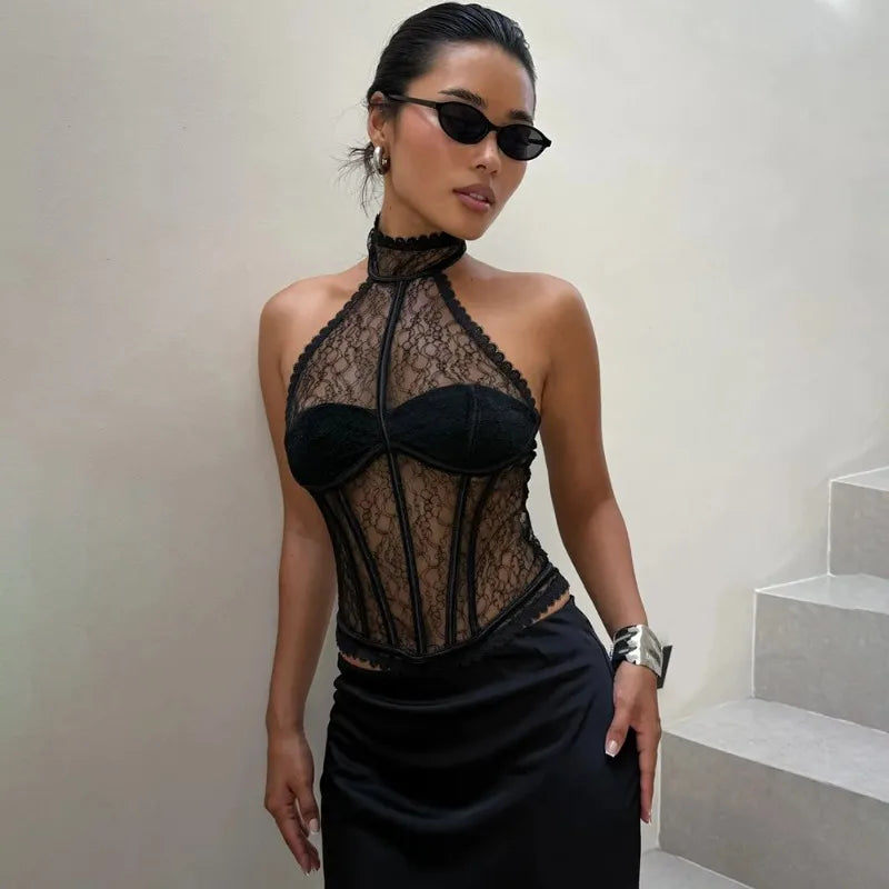 Black Lace Bodysuit with Halter Neck Scalloped Edges-Bodysuit-Bellascena-bellascena