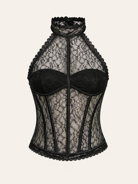 Black Lace Bodysuit with Halter Neck Scalloped Edges-Bodysuit-Bellascena-Black-S-bellascena