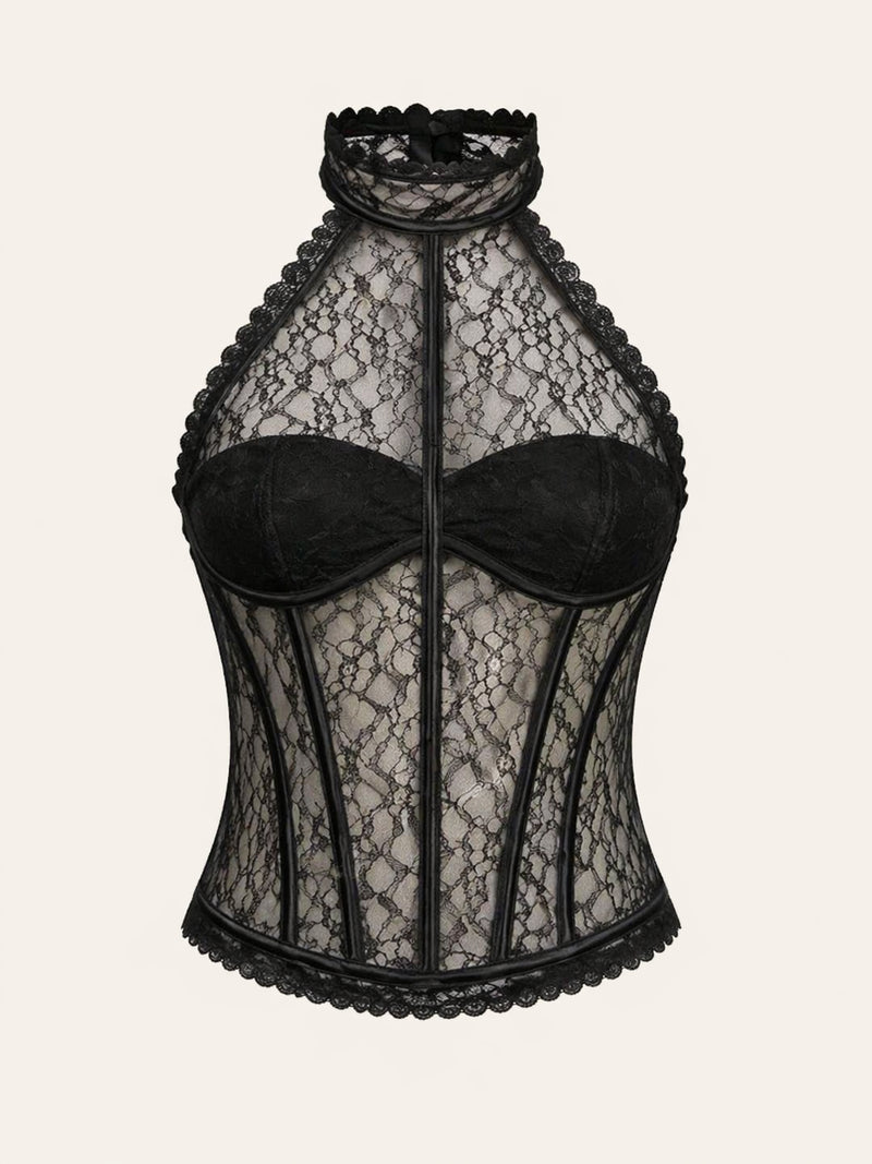 Body nero in pizzo con collo all’americana e bordi smerlati