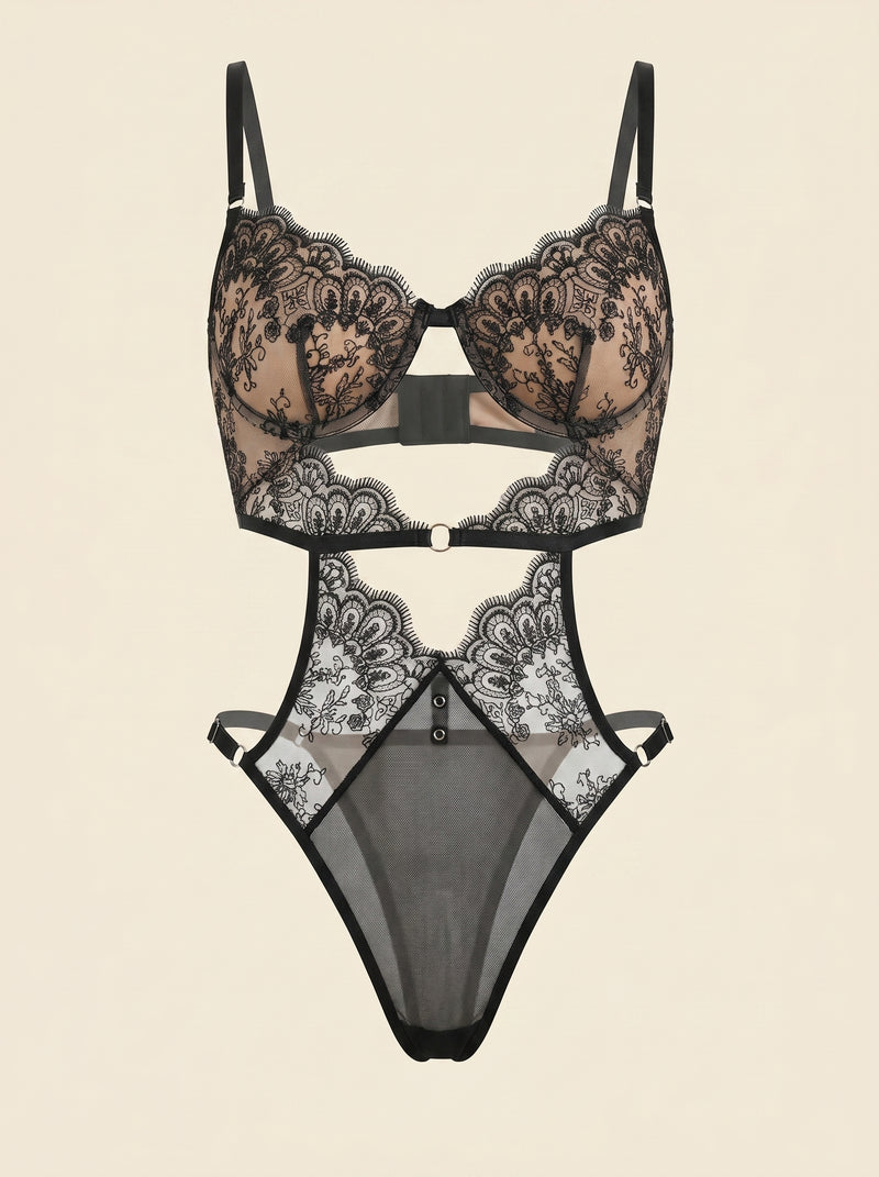 Black Lace Bodysuit with Strappy Cutouts