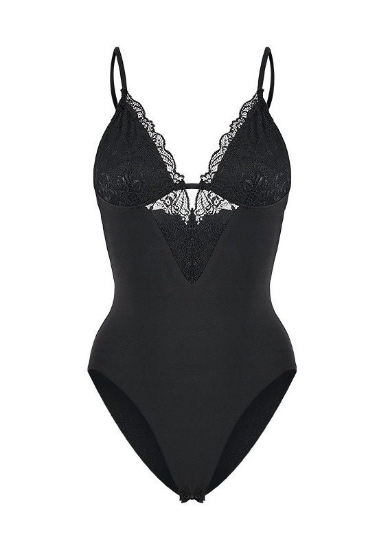 Black Lace Bodysuit with Strappy Detail-Bodysuit-Bellascena-bellascena