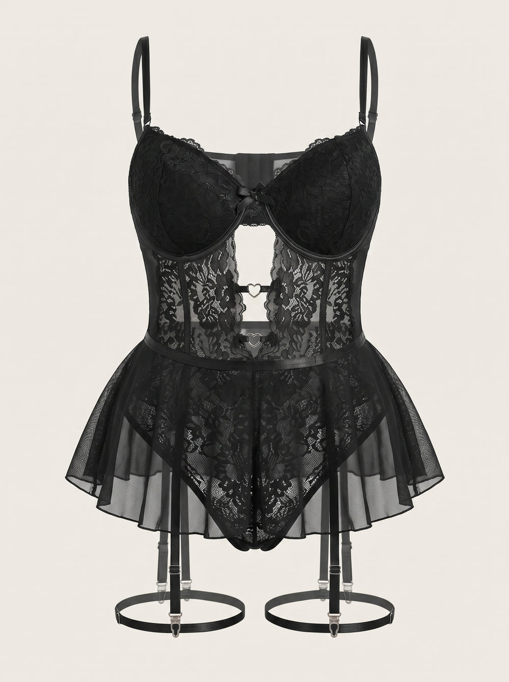 Nuisette noire en dentelle avec design transparent à bretelles