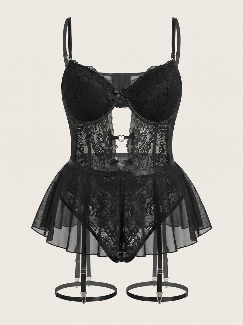 Black Lace Bodysuit with Strappy Sheer Design