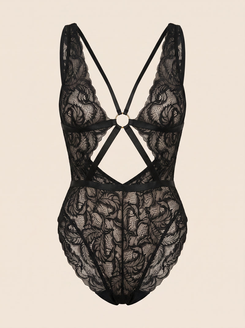 Black Lace Bodysuit with Strappy Sheer Elegance