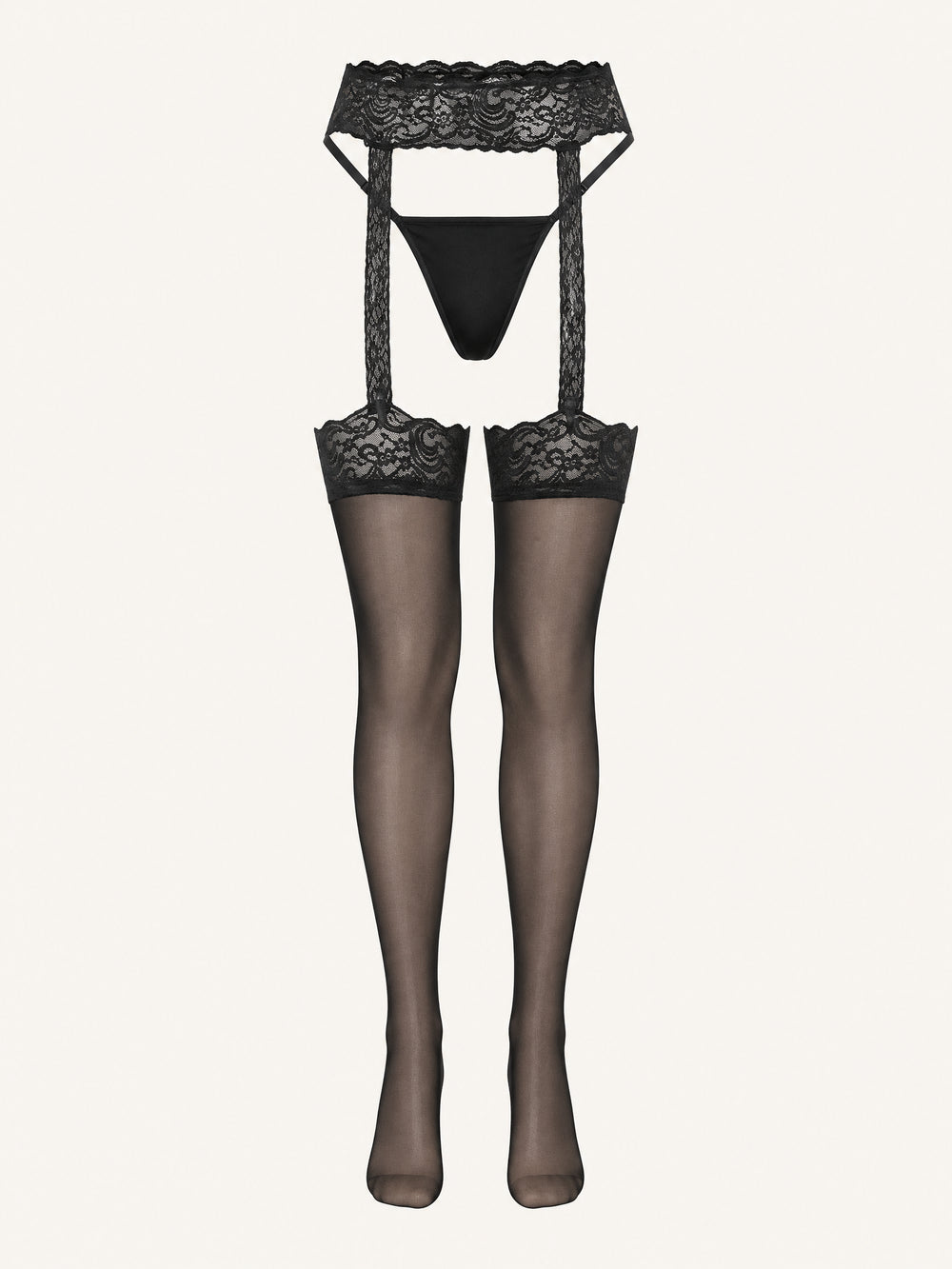 Set di lingerie in pizzo nero con motivo a strisce in pizzo trasparente