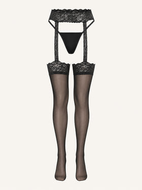 Black Lace Bodysuit with Strappy Sheer Lace Pattern-Bodysuit-Bellascena-Black-One Size-bellascena
