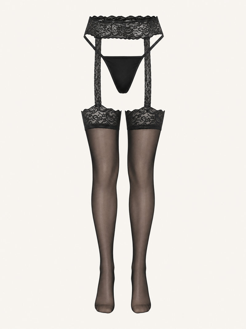 Black Lace Bodysuit with Strappy Sheer Lace Pattern