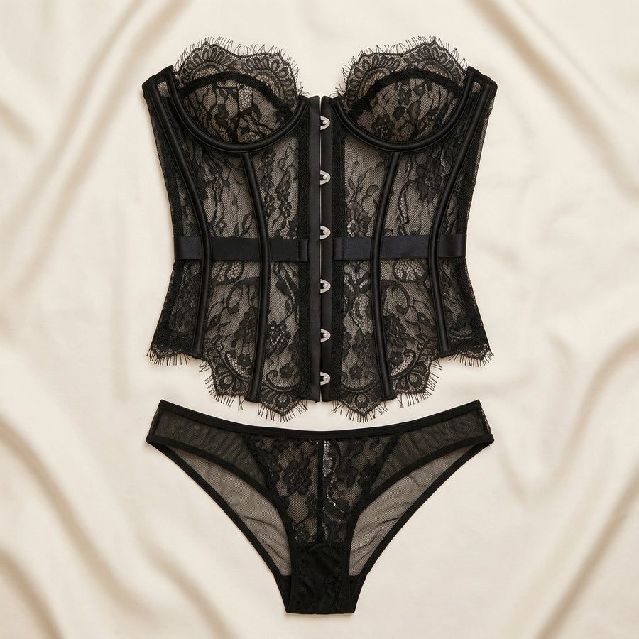 Black Lace Corset with Scalloped Edges-Corset-Bellascena-bellascena