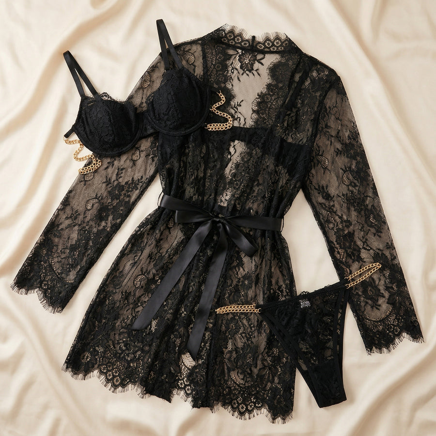 Black Lace Kimono Robe with Scalloped Edges-Kimono Robe-Bellascena-bellascena