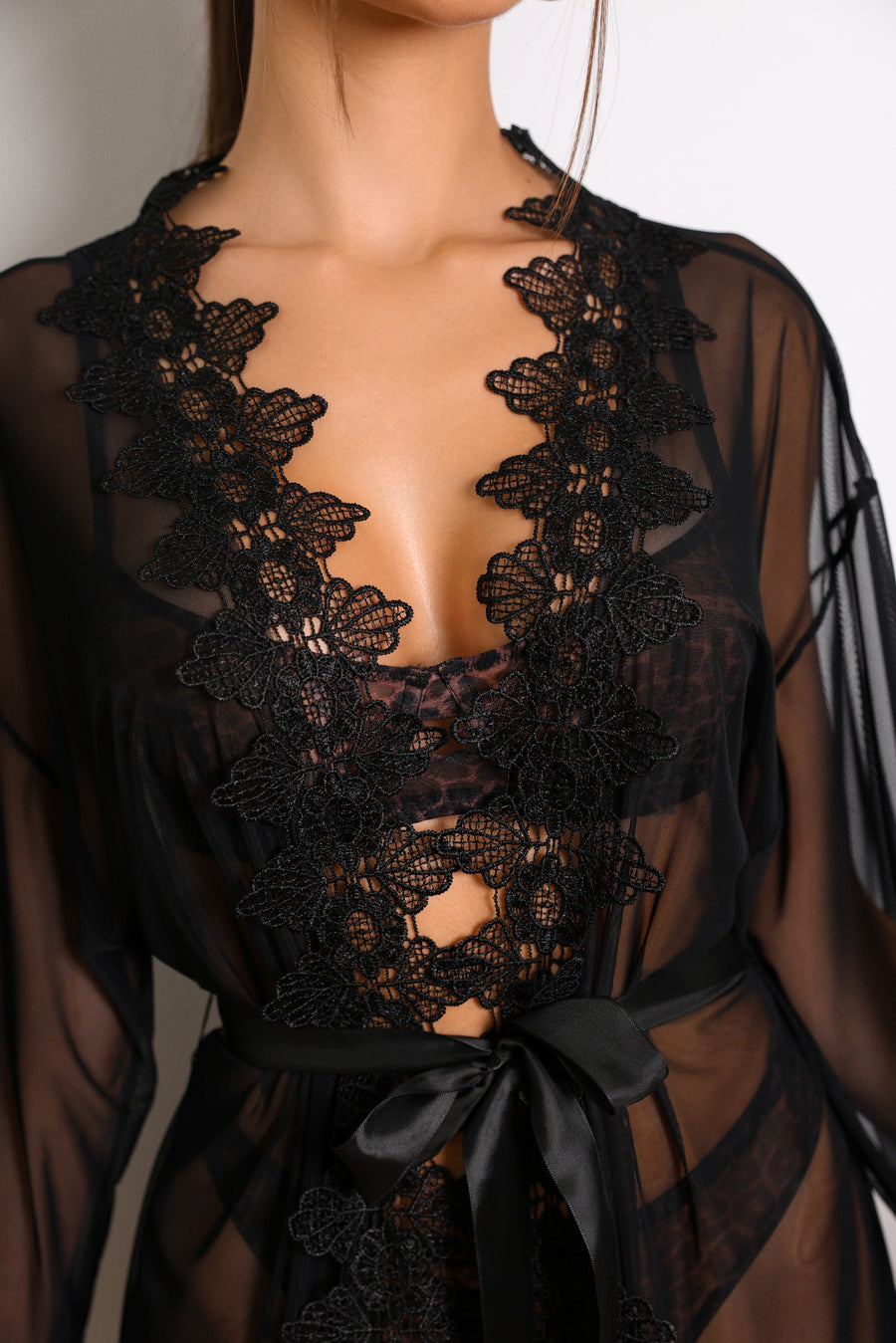 Black Lace Kimono Robe with Sheer Elegance-Kimono Robe-Bellascena-bellascena